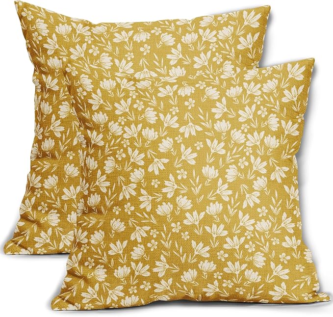 Yellow Pillow Covers 24x24 Set of 2 Vintage Floral Rustic Old Style Cute Flower Print Decorative Outdoor Pillowcases Seasonal Farmhouse Throw Cushion Case Decor for Couch Sofa Bed
