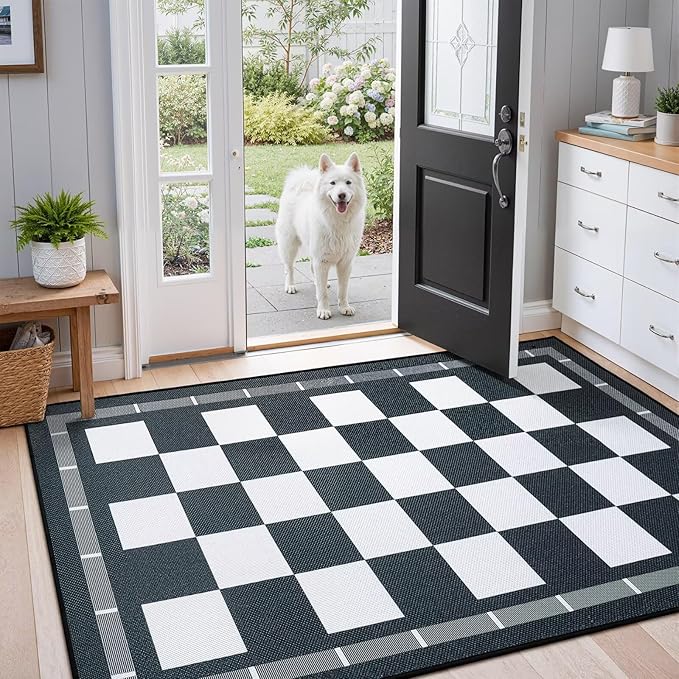 Vasofe Plaid 3x5 Outdoor Patio Rug,Checkered Jute Entryway Rugs, Washable Black and White Indoor Bedroom, Farmhouse Neutral Front Door Mat,Modern Carpet for Porch Patio Balcony Kitchen
