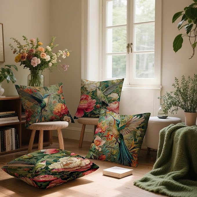 Vintage William Morris Floral Hummingbird Pillow Cover 18x18 Set of 4,Rustic Green Hummingbird Bird Animal Flower Botanical Print Decorative Throw Pillow Covers for Home Bedroom Living Room