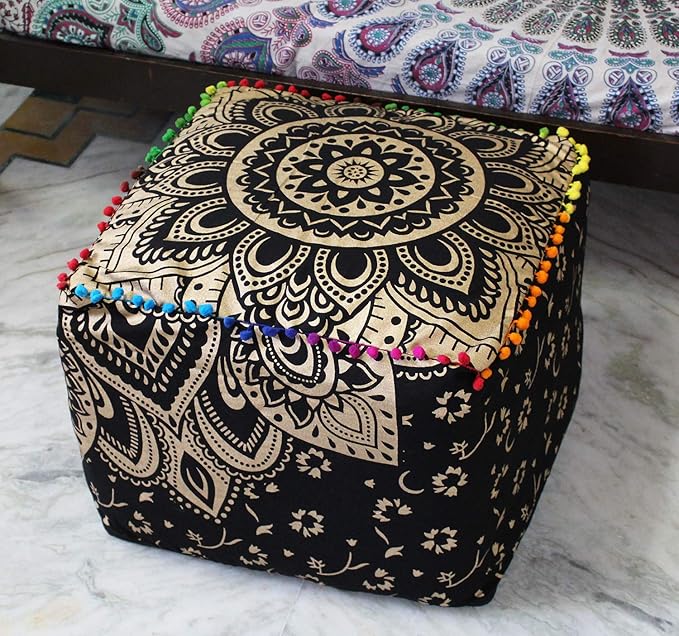CRAFT KALA Mandala Meditation Floor Pillows Cover Square Pillow Seating Hippie Decorative Adults Bohemian Cushion Cover Outdoor Living Room Throw Ottoman Poufs Cover 20X20X14 inches, Black Gold Flower