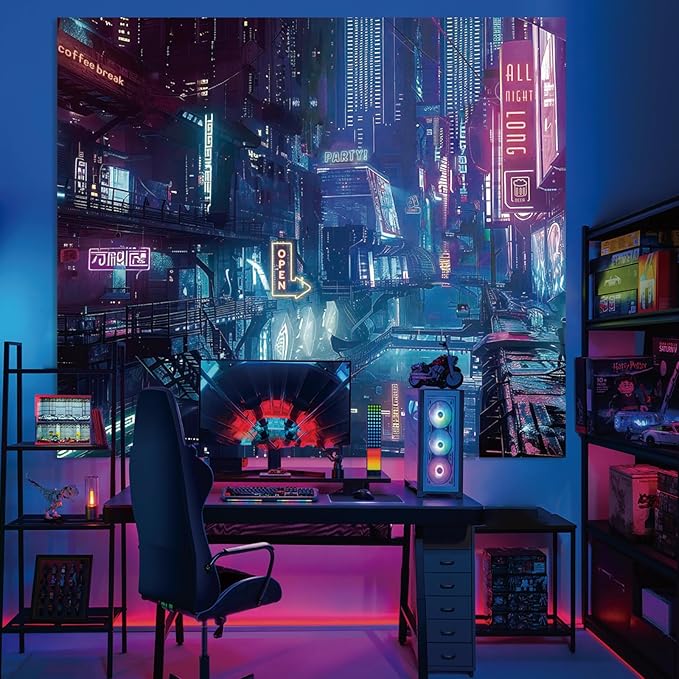 Anime Punk City Wall Tapestry for Bedroom, Japanese Futuristic Neon Night Street Cyberpunk Tapestries Aesthetic, Futurism Skyscraper Backdrop for Living Gaming Room Dorm Decor 51in X 60in