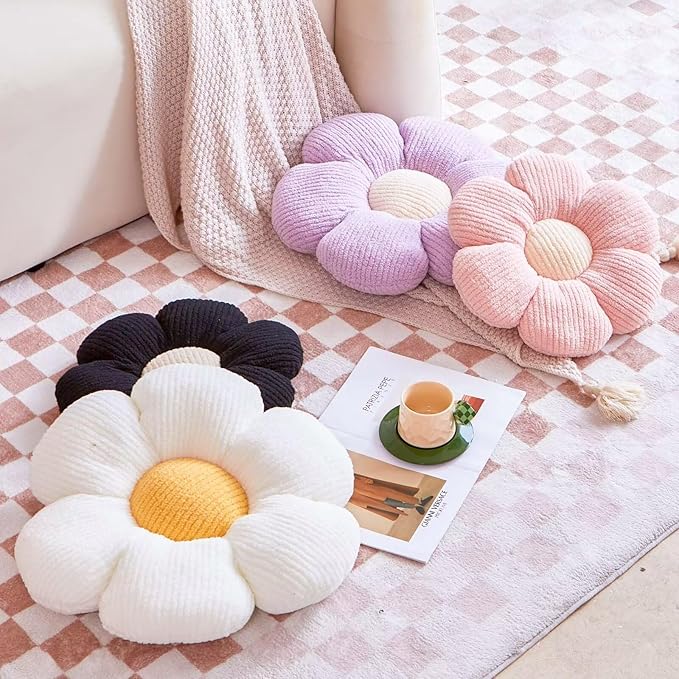 Pink Flower Decorative Throw Pillows, Cute Daisy Shaped Plush Aesthetic Pillow, Soft 14.9" Floor Seat Cushion