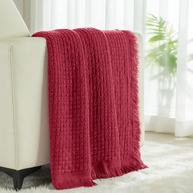 Exclusivo Mezcla Twin Size Knit Blanket with Fringes for Bed, Reversible Super Soft and Warm Woven Boho Throw for All Season, Home Decor, 60"x80", Red