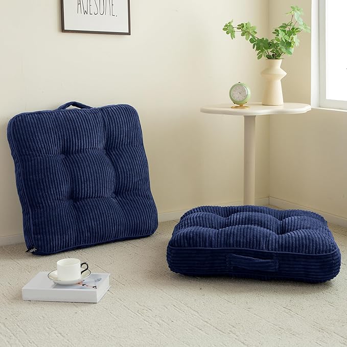 HIGOGOGO Floor Pillow Cushion for Adults, Meditation Cushion Pillow, Large Square Floor Sitting, Tufted Corduroy Cover, for Tatami Living Room or Yoga, 22x22 Inch, 2Pack, Navy