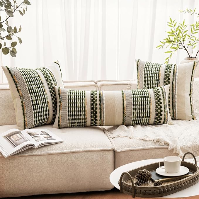 ANRODUO Pack of 2 Boho Decorative Throw Pillow Covers 18x18 Farmhouse Cushion Case Striped Chenille Pillow Cases Square Pillow Covers Accent Neutral Pillowcase for Sofa Couch Bed, Dark Green Stripe