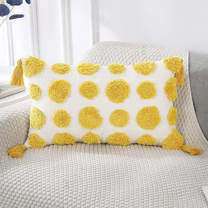 PANOD Super Soft Farmhouse Decorative Plush Throw Pillow Covers 12 x 20 Yellow,Solid Pom pom Tufted with Tassels Modern Accent Boho Lumbar Cushion Cover Pillow Case for Couch Sofa
