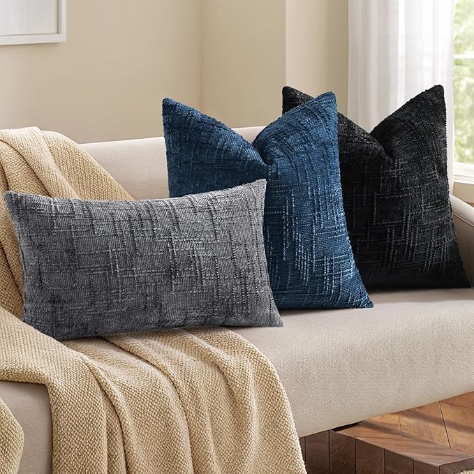 decorUhome Black Chenille Throw Pillow Covers 12x20 Set of 2 Textured Soft Cozy Slubby Couch Pillow Covers Modern Farmhouse Boho Decorative Pillow Cases for Bed Sofa Living Room