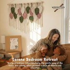 WOODSTICK Large Macrame Wall Hanging 39"W x 29.5"L - Boho Wall Decor in Beige, Old Pink & Green - Chic Woven Leaf Leaves Boho Tapestry, Handmade Cotton Fiber Art, Macrame Wall Décor, Bedroom Tapestry