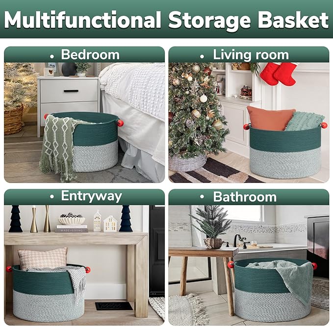Goodpick Large Storage Basket 22" x 14", Woven Baby Storage for Blanket Living Room, Laundry Organizer for Clothes, Toys, Christmas Basket for Gifts, Green