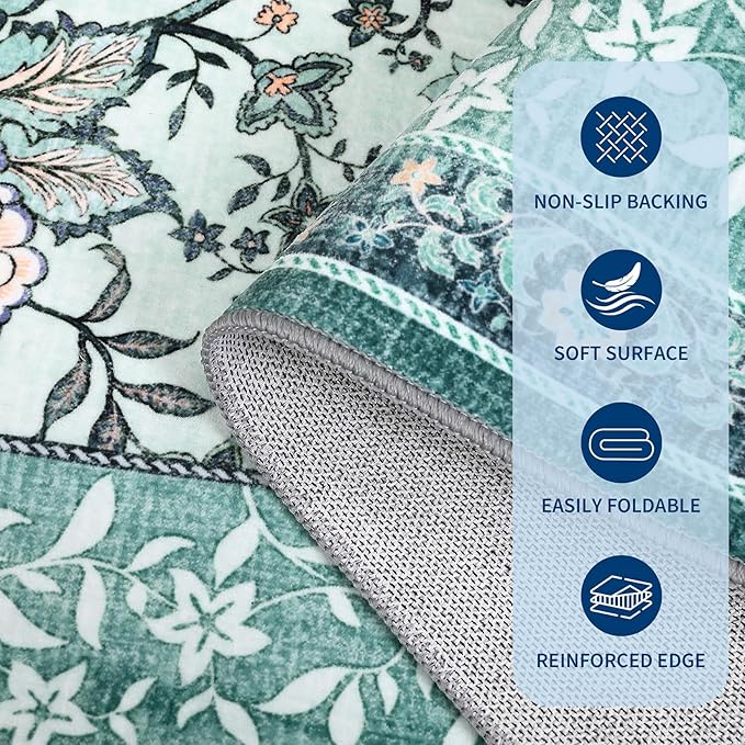 GarveeHome Teal 2x6 Washable Kitchen Runner Rugs Non Slip Provence Botanical Grove Vintage Boho Cottage Long Rug for Hallways Bedroom TPE Rubber Backing