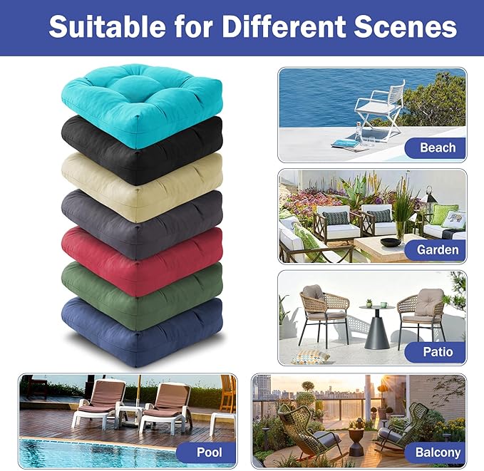 Outdoor Chair Cushions Set of 4, Patio Chair Cushions with Ties, 19x19+5” Tufted Outdoor Seat Cushions, Waterproof Patio Furniture Cushions, Outdoor Dining Chair Pads, Teal