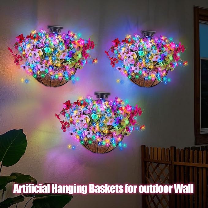 Solar Hanging Basket with Artificial Flowers: Outdoor Fake Flower Baskets with Solar String Lights for Fall Decor - 10 inch Plant Basket with Silk Faux Petunias for Porch Railing Fence Wall Door