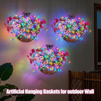Solar Hanging Basket with Artificial Flowers: Outdoor Fake Flower Baskets with Solar String Lights for Fall Decor - 10 inch Plant Basket with Silk Faux Petunias for Porch Railing Fence Wall Door