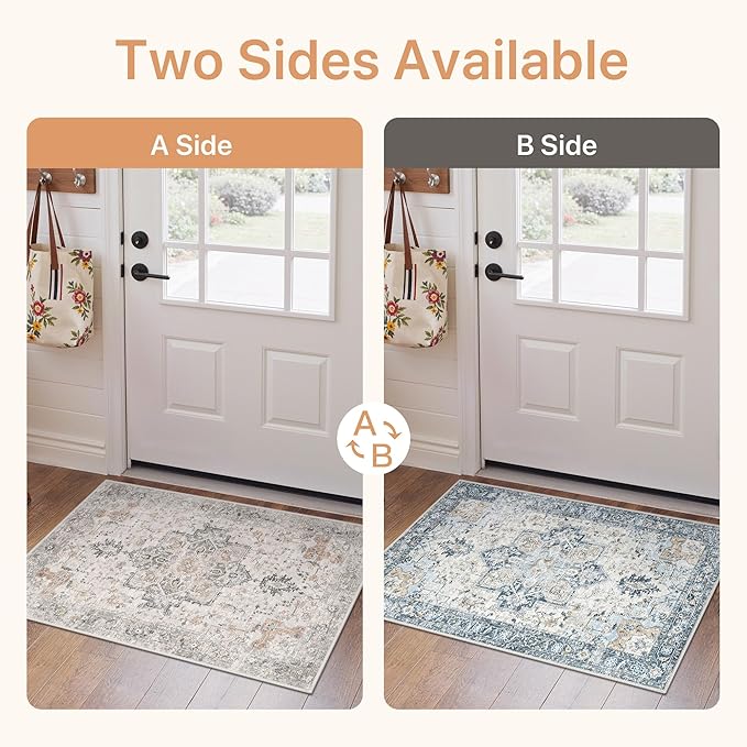 GENIMO 2x3 Reversible Door Mat for Entryway, Machine Washable Non Slip Vintage Rugs, Low Pile Lightweight Soft Print Rug for Hallway, Corridor, Home, Office, Kitchen, Taupe & Blue