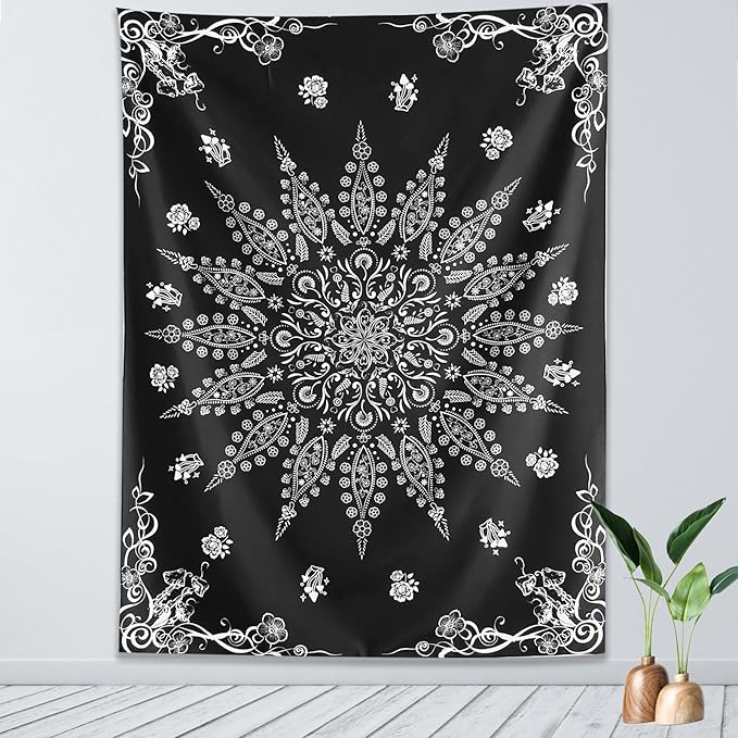 KJHL Floral Bohemian Tapestry Black and White Flower Aesthetic Tapestry Mandala Room Decor Wall Hanging Boho Tapestries for Bedroom Dorm(Black, 44" x 60")