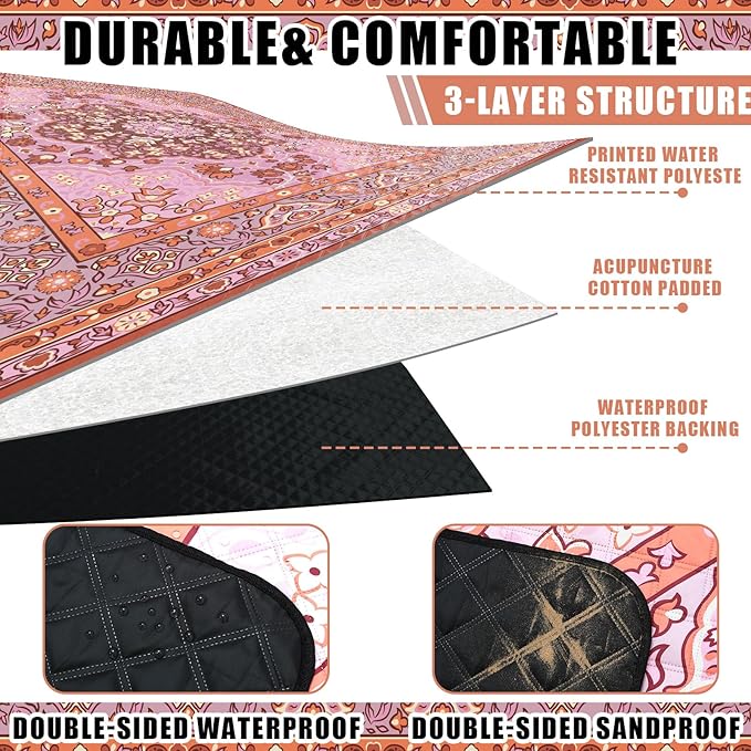 Boho Picnic Blankets 80''x 80'' Extra Large Beach Blanket Waterproof Sandproof Foldable Machine Washable Vintage Grass Lawn Park Mat for Family Camping Party Music Festival