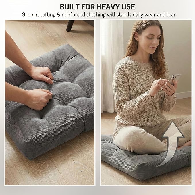 Degrees of Comfort Meditation Floor Pillow, Square Large Pillows Seating for Adults, Gray Tufted Corduroy Cushions for Outdoor Yoga Tatami Fireplace Living Room, Grey, 22x22 Inch