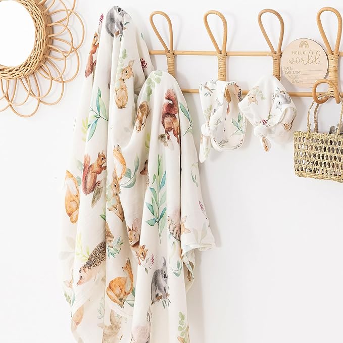 BabyWhale Muslin Swaddle Blanket with Hat and Headband Bow, Animals Print Swaddle Set for Baby Boys ＆ Girls, Newborn Silky Soft Receiving Blanket Wrap, 47x47 inches