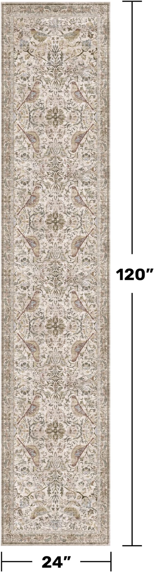 Boho 2x10 Moss Green Hallway Runner Rug 10 ft, Washable Extra Long Runner Rugs for Entrance Floor, Stain Resistant Vintage Brown Taupe Floral Design Carpet for Kitchen, Low Pile & Soft
