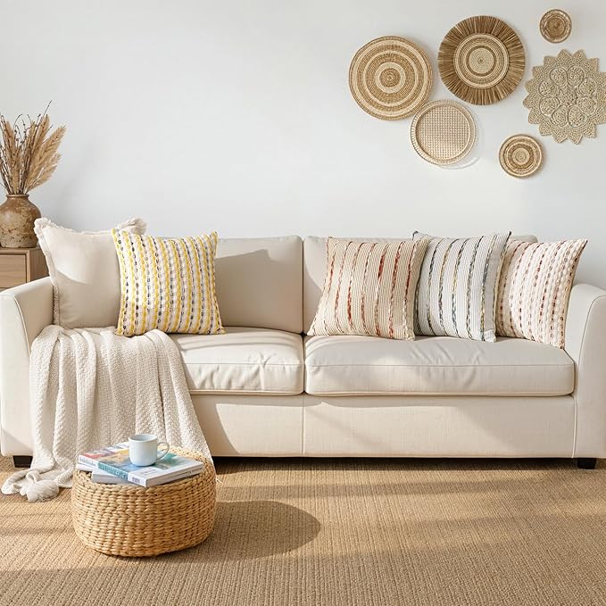 ANRODUO Boho Woven Chenille Pillow Covers 18x18 Inch Set of 2 Soft Textured Decorative Cushion Case with Striped Farmhouse Accent Neutral Pillowcase for Couch Sofa Bed Living Room Decor, Rust Stripe