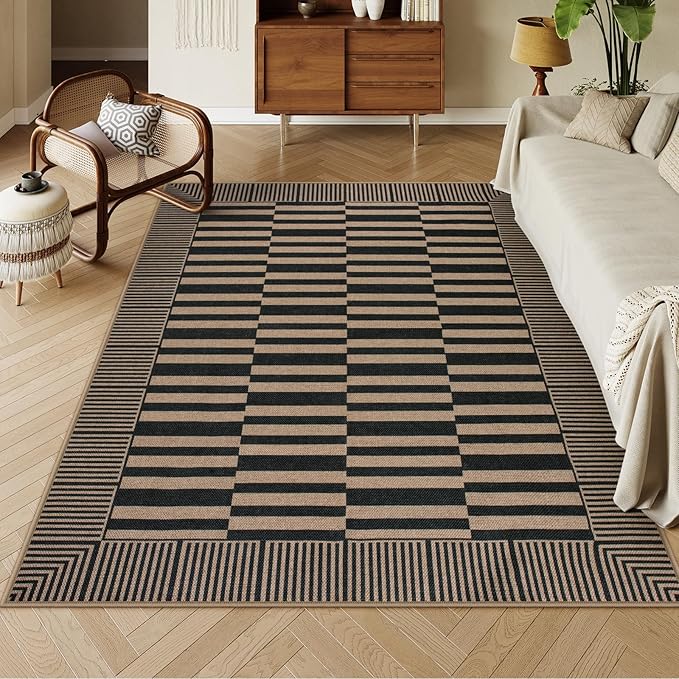 Beevia Striped 5x7 Black Jute Rug, Washable Outdoor Indoor Carpet for Living Room Dining Room, Farmhouse Modern Non-Slip Non-Shedding Rug for Patio Deck Porch Decor (Black, 5x7ft)