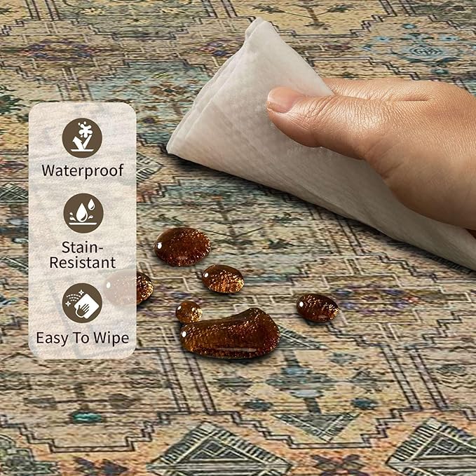 8x10 Area Rugs for Living Room Bedroom, Large Washable Rug, Brown Vintage Retro Boho Rug, Non Slip & Low Pile Faux Wool Thin Carpet for Indoor Dining Room and Kids Room(Brown 8x10ft)