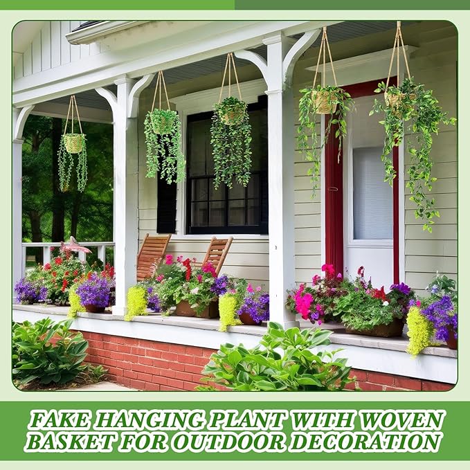 6 Set Mini Fake Hanging Plants with Woven Basket Boho Artificial Ivy Faux Vines Eucalyptus Leaf for Indoor Home Wall Living Room Bathroom Shelf Decor (Mandragora Leaf)