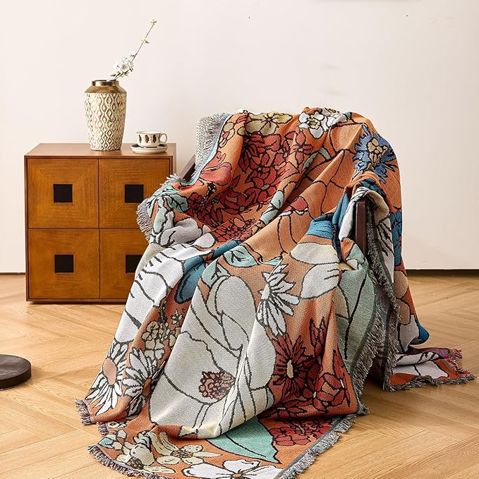 Boho Throw Blanket, 100% Handwoven Cotton Southwestern Farmhouse Floral Decor Reversible Blanket, All Season Throw for Sofa Bed Tapestry Outdoor Camping Picnic 71″×134″