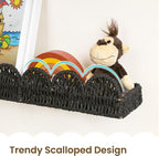 AELS Scalloped Nursery Bookshelf, Set of 4, Picture Ledge Shelf for Wall Decor, Woven Natural Fibre Floating Shelves for Books, Toys, Photo Frames, Nursery, Boho Modern Farmhouse Book Shelf, Black