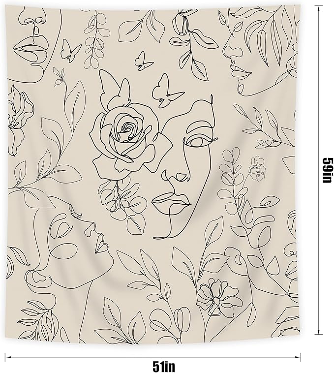 SVBright Abstract Woman Face Tapestry 51Wx59H Inch Floral Leaves Butterfly Art Line Lady Beige Black Flower Aesthetic Modern Sketch Minimalist Simple Wall Hanging Bedroom Living Room Dorm Decor Fabric