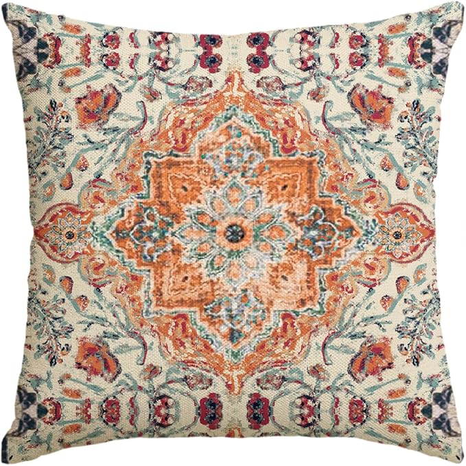 AVOIN colorlife Boho Aesthetic Throw Pillow Cover, 18 x 18 Inch Bohemia Ethnic Style Carpet Pattern Farmhouse Cushion Case for Sofa Couch