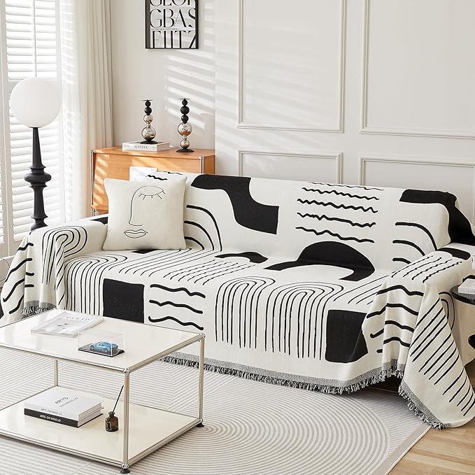Boho Chenille Couch Cover with Tassels, Bohemian Sofa Cover for 3 Cushion Couch, L-Shaped Sectional, Loveseat, 2/3/4 Seater (71" x 102", Black)