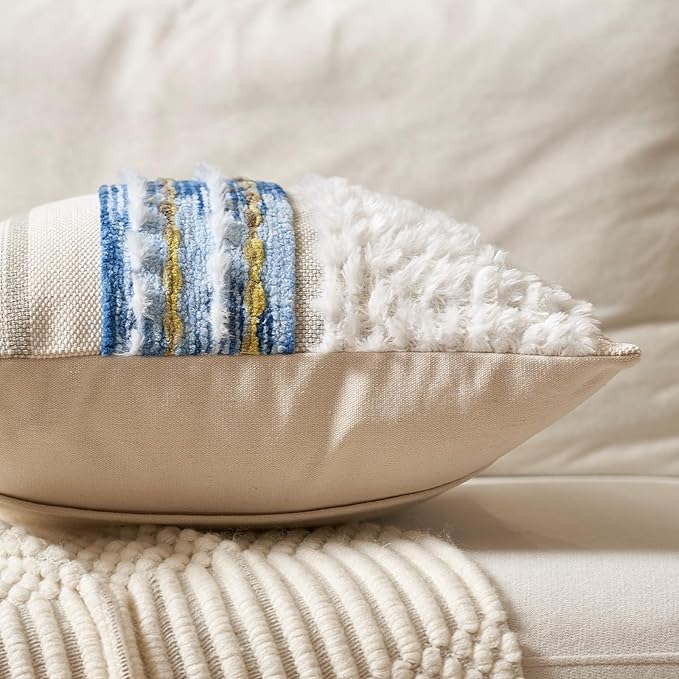 Aeckself Boho Chenille Tufted Throw Pillow Covers 18x18 Inch Set of 2, Farmhouse Decorative Striped Square Pillow Covers Accent Neutral Pillowcase for Living Room Couch Bed, Blue
