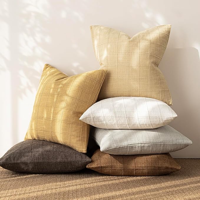 Foindtower Set of 2 Decorative Linen Check Throw Pillow Covers Neutral Farmhouse Vintage Cushion Covers Modern Boho Accent Home Decor for Sofa Chair Couch Bedroom Living Room,18×18 Inch,Amber Gold