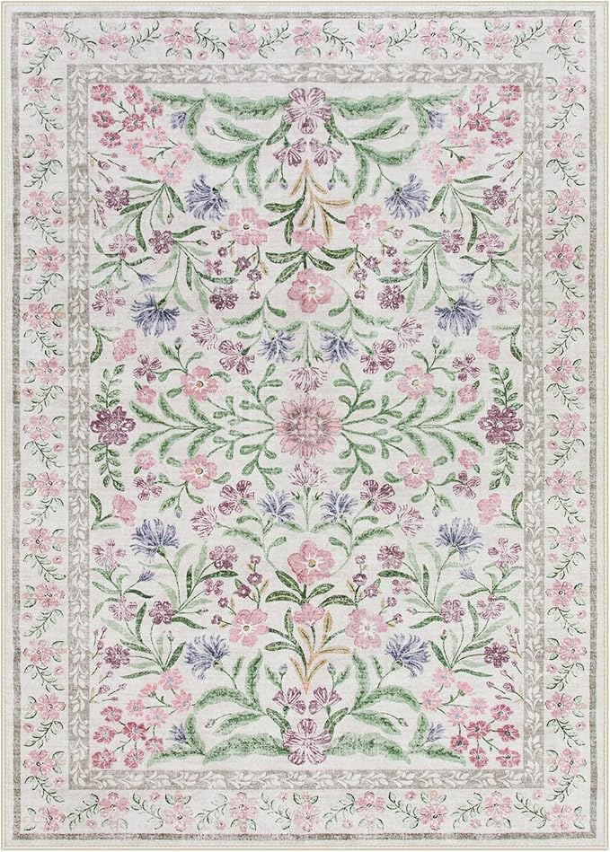 Lahome Sylvie Boho Purple Floral 5x7 Area Rugs, Washable Rugs for Bedroom Nursery Decor, Soft Non-Slip Lavender Carpet for Kids Room Girls Playroom Living Room, Pale Lilac/Pink