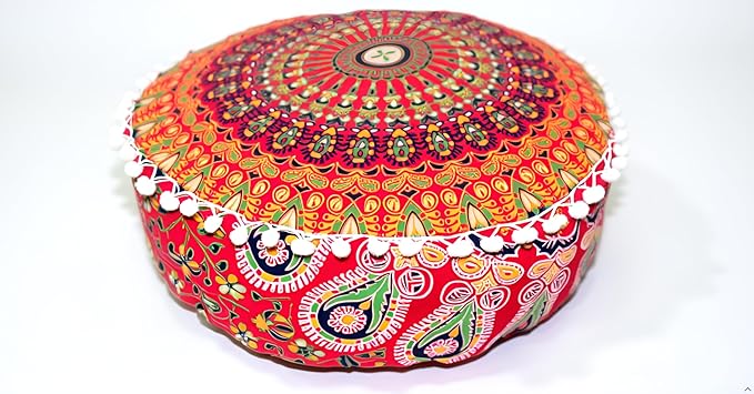 INDIAN CRAFT CASTLE ICC Mandala Barmeri Large Floor Pillow Cover Cushion Meditation Seating Ottoman Throw Cover Hippie Decorative Zipped Bohemian Pouf Ottoman Cases Red, 24" Round