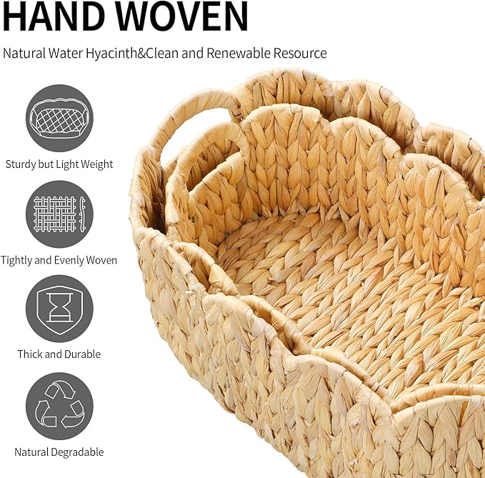 Scalloped Basket Set of 2,Water Hyacinth Basket for Organizing and Decor,Hand-Woven Wicker Storage Baskets with Built-In Handles for Nursery,Gift,Laundry