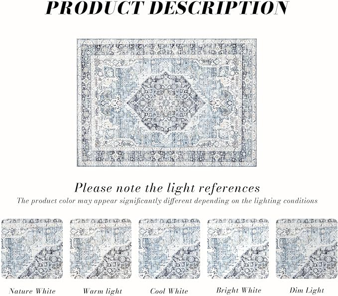 Area Rug 4×6, Vintage Boho Rug,Ultra-Soft Low Pile, Washable, Non Slip,Stain Resistant Printed Carpet for Living Room Bedrooms Playroom Office Kitchen, Light Blue