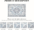 Area Rug 8×10, Large Vintage Boho Rug,Ultra-Soft Low Pile, Washable, Non Slip,Stain Resistant, Printed Carpet for Living Room Bedrooms Playroom Office Kitchen, Light Blue