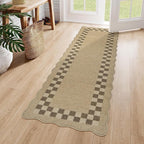 LIVEBOX Easy Jute Checkered Runner Rug for Kitchen, Scalloped Washable 2x6 Tan Rugs for Entryway, Geometric Indoor Outdoor Non Slip Rug Farmhouse Carpet Door Mat Area Rug for Porch Bedroom Hallway