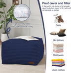 MeMoreCool Square Stuffed Pouf Ottoman Foot Rest, Stripe Furry Floor Pouf Foot Stool with Foam Chunk Filling, Soft Fluffy Stuffed Ottoman Footrest for Living Room, Corduroy Navy