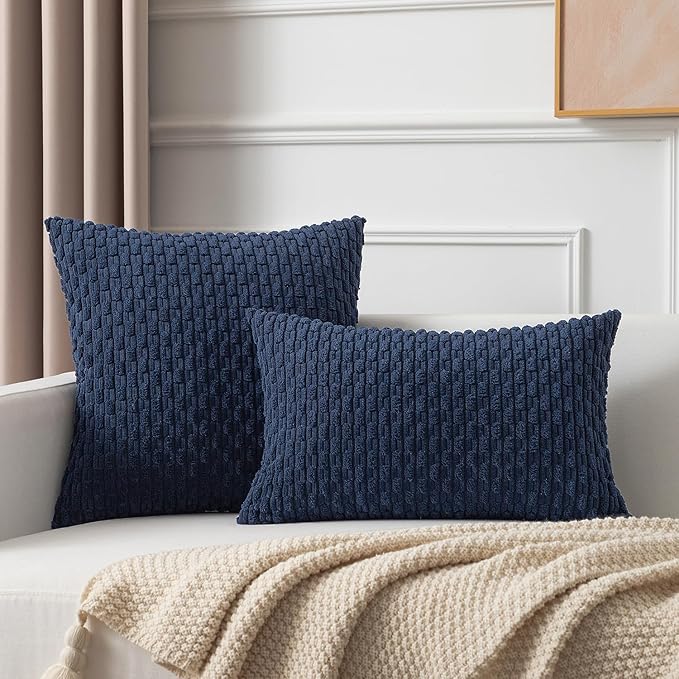 Kevin Textile 12x24 Inch Pillow Cover 1 Pack Boho Decorative Soft Striped Corduroy Lumbar Farmhouse Color Accent Rectangle Cushion Case for Living Room Couch Sofa Bed, Navy Blue