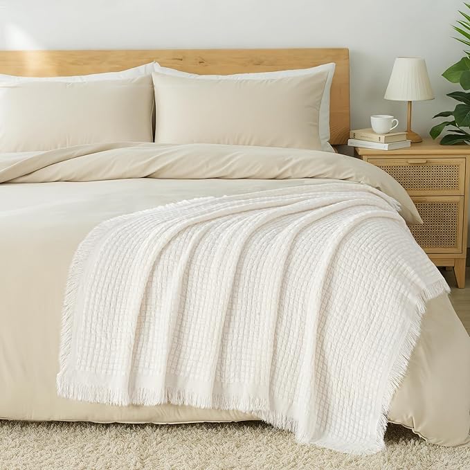 Exclusivo Mezcla Twin Size Knit Blanket with Fringes for Bed, Reversible Super Soft and Warm Woven Boho Throw for All Season, Home Decor, 60"x80", Ivory