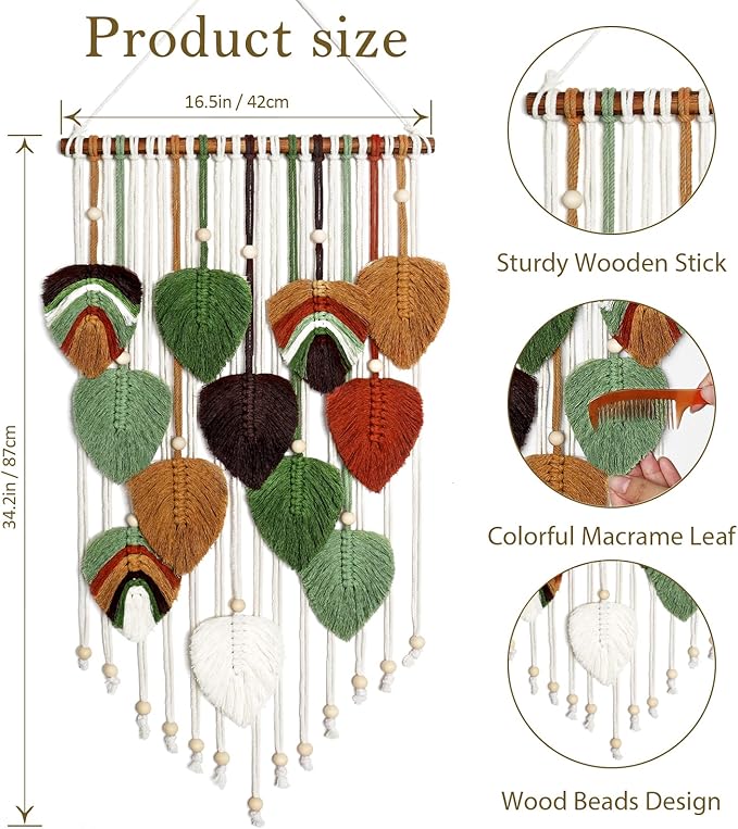 MEIVINES Macrame Wall Hanging Boho Woven Tapestry,Chic Home Decor Modern Bohemian Handmade Leaf Feather Tapestry Wall Art Decor for Bedroom Living Room Nursery Apartment Backdrop 16 X 34 Inch