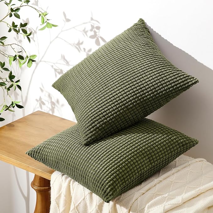 Softalker Throw Pillow Covers 16x16 Inch, Set of 2, Soft Corduroy Boho Stripe Decorative Pillow Cover, Couch Fluffy Pillow Cover for Farmhouse Home Decor Bed Living Room, Olive Green