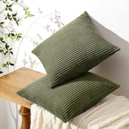 Softalker Throw Pillow Covers 12x20 Inch, Set of 2, Soft Corduroy Boho Stripe Decorative Pillow Cover, Couch Fluffy Pillow Cover for Farmhouse Home Decor Bed Living Room, Olive Green