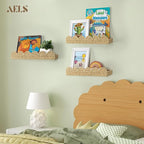 AELS Scalloped Nursery Bookshelf, Set of 3, Picture Ledge Shelf for Wall Decor, Woven Straw Paper Floating Shelves for Books, Toys, Photo Frames, Nursery, Boho Modern Farmhouse Book Shelf, Beige