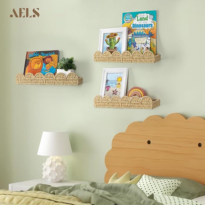 AELS Scalloped Nursery Bookshelf, Set of 3, Picture Ledge Shelf for Wall Decor, Woven Straw Paper Floating Shelves for Books, Toys, Photo Frames, Nursery, Boho Modern Farmhouse Book Shelf, Beige
