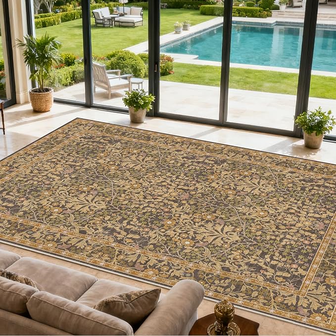 Area Rug for Living Room, 10x12 Large Washable Rugs for Dining Room, Bedroom, Non Slip Stain Resistant Carpet, Low Pile Vintage Floral Rug (Goldenrod)