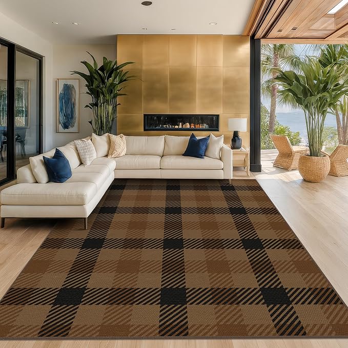JTJ Brown Large Checkered Area Rug for Living Room - Washable 8x10 Easy Jute Plaid Rug for Dining Room Under Table, Black Striped Outdoor Porch Mat, Non Slip Foldable Neutral Earthy Rustic Décor